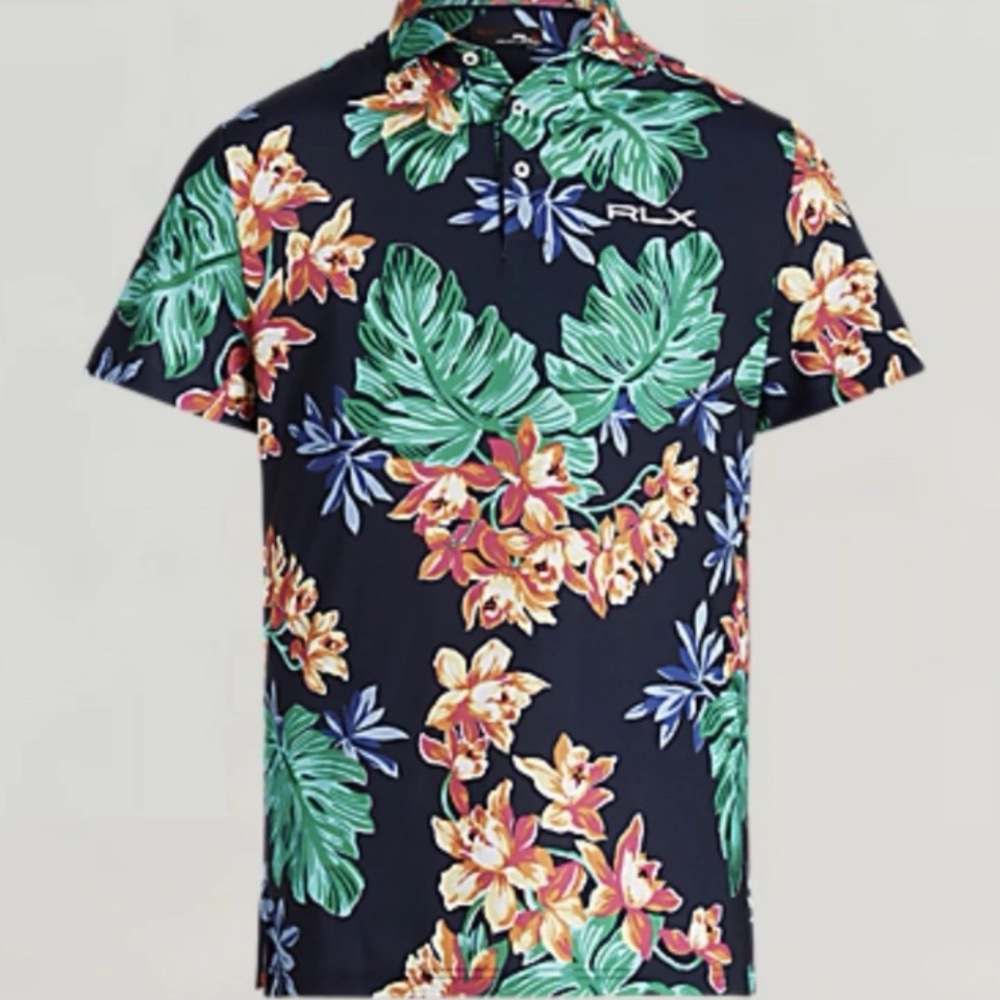 NWT RLX Ralph Lauren Black Floral Polo Shirt Multicolor Size L